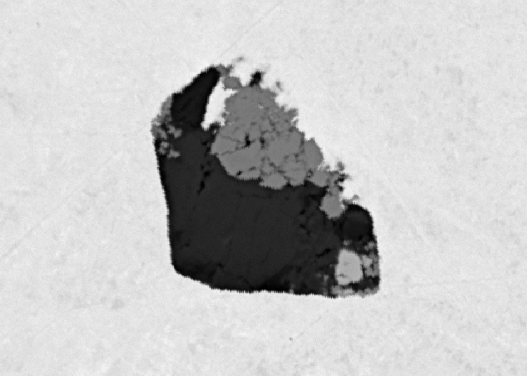 MEB BSE signifie Microscope Electronique à Balayage en mode électrons rétrodiffusés (BSE) : plus le minéral est clair, plus la densité du minéral est élevé. La chalcopyrite est noire, la bornite gris-noir, la braggite plus claire que la vasilite Platine Braggite Vasilite Bornite Chalcopyrite - Lescheroux - Ain - BD - champ 0,04mm - MEB BSE.jpg